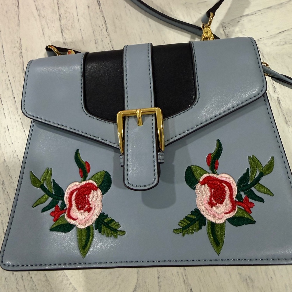 LA’FESTIN Floral Embroidered Blue Leather Style Bag with Two Crossbody Straps. - Picture 12 of 14